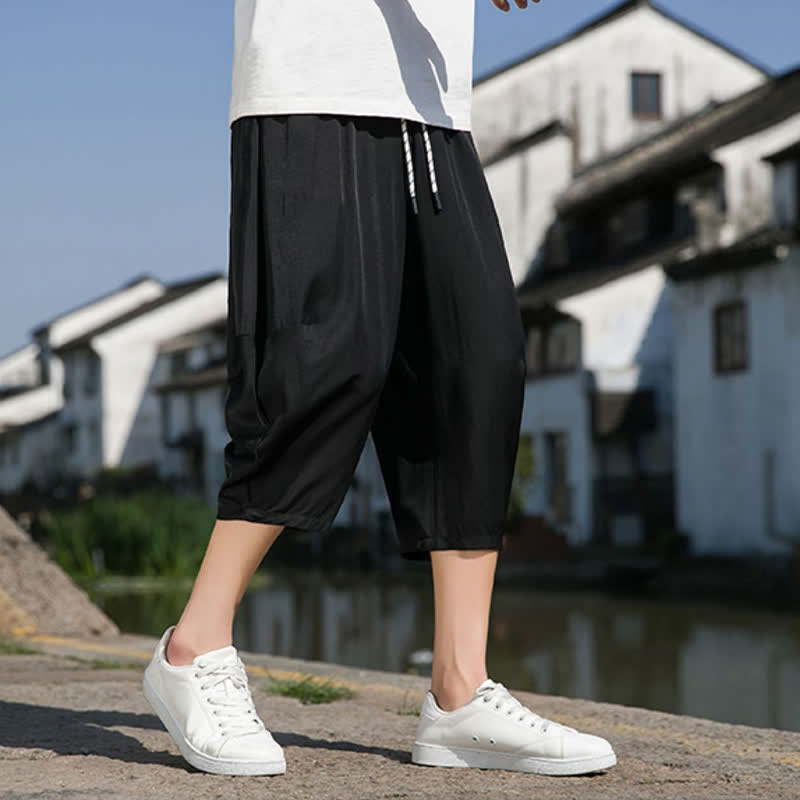 Buddha Stones Letnie, elastyczne, ściągane sznurkiem spodnie męskie w jednolitym kolorze, zwężane, z kieszeniami - image 23