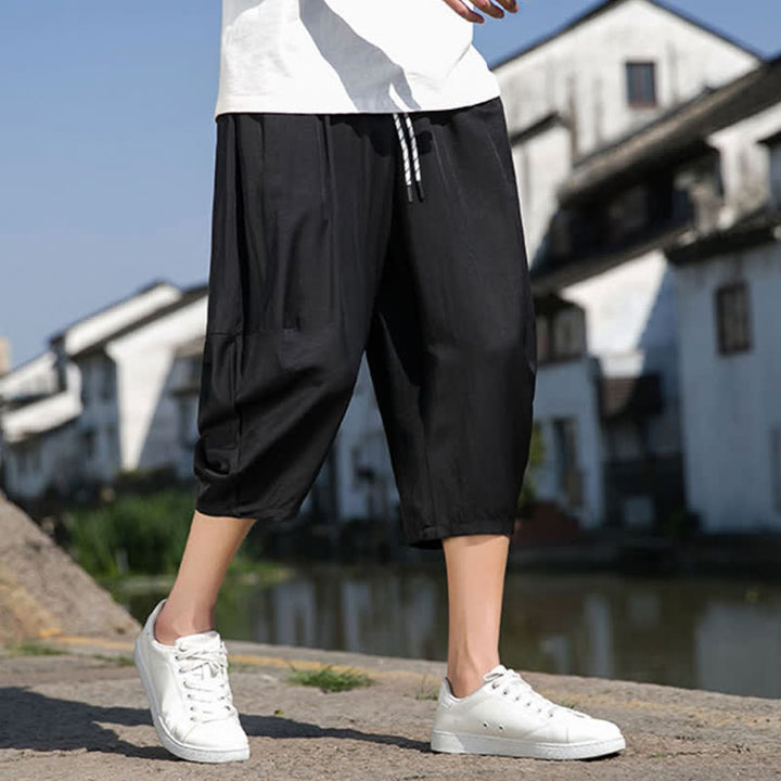 Buddha Stones Letnie, elastyczne, ściągane sznurkiem spodnie męskie w jednolitym kolorze, zwężane, z kieszeniami - image 26