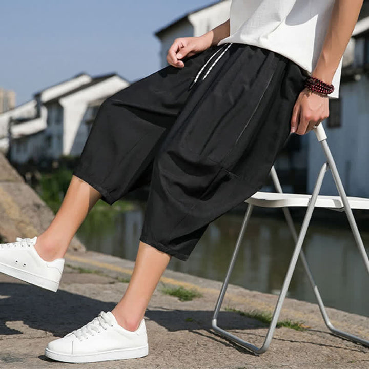 Buddha Stones Letnie, elastyczne, ściągane sznurkiem spodnie męskie w jednolitym kolorze, zwężane, z kieszeniami - image 25