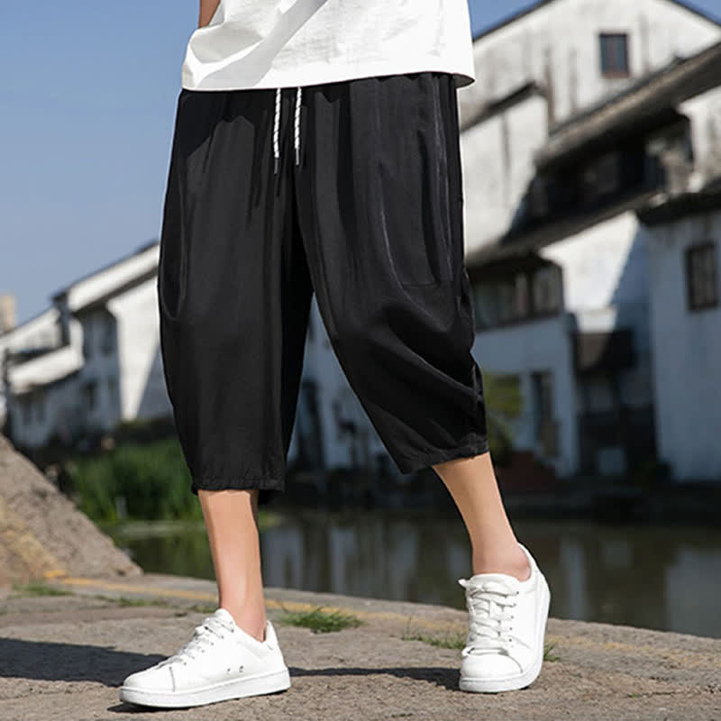 Buddha Stones Letnie, elastyczne, ściągane sznurkiem spodnie męskie w jednolitym kolorze, zwężane, z kieszeniami - image 20