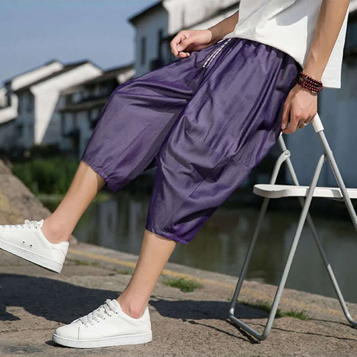 Buddha Stones Letnie, elastyczne, ściągane sznurkiem spodnie męskie w jednolitym kolorze, zwężane, z kieszeniami - image 31