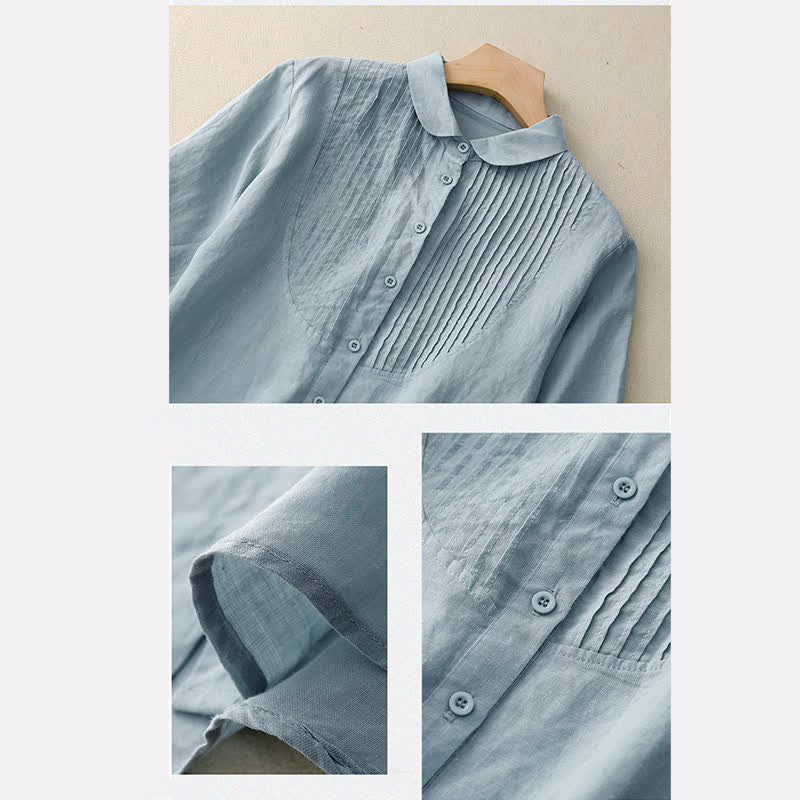 Buddha Stones Koszula damska z krótkim rękawem i plisowanym kołnierzykiem Piotruś Pan w stylu wiosennym z falbankami - image 1