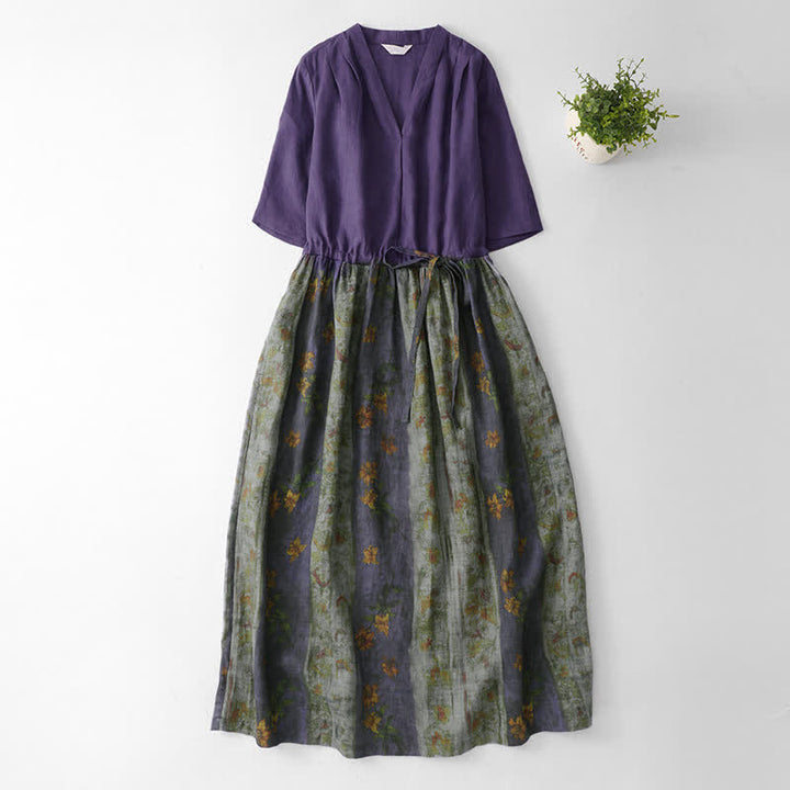 Buddha Stones Letnia sukienka z dekoltem w serek, ściągaczem w talii i kwiatowym wzorem, krótkim rękawem za kolano i kieszeniami - RebeccaPurple - US12, UK/AU16, EU44 (2XL) - image 0