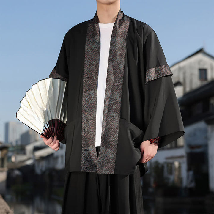 Buddha Stones Letnie, swobodne, męskie kimono z kołnierzykiem Zen i rękawami do łokci - Zielony - US/UK/AU46， EU56 (5XL) - image 1
