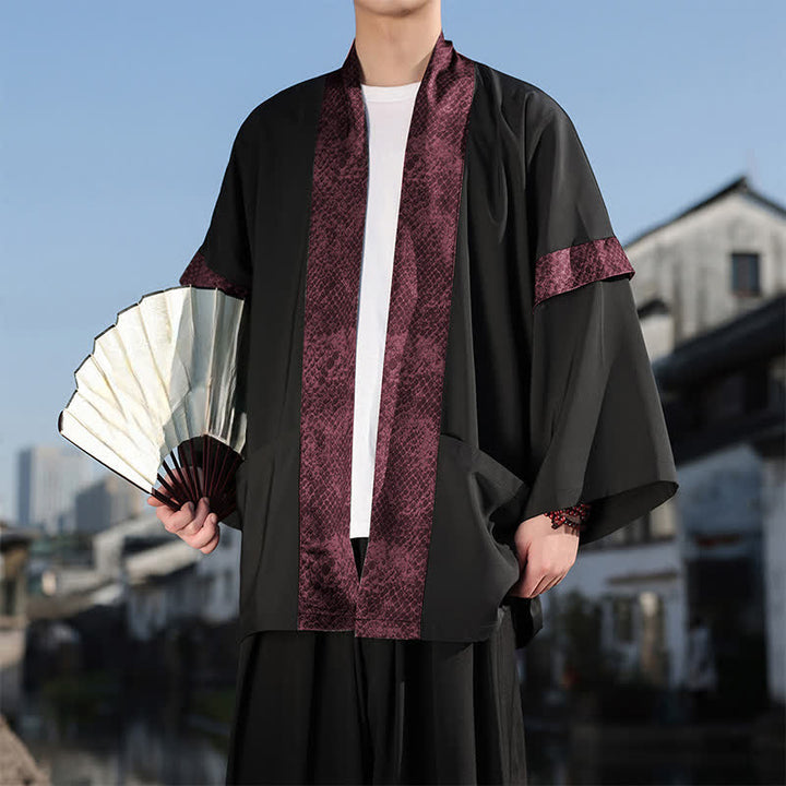 Buddha Stones Letnie, swobodne, męskie kimono z kołnierzykiem Zen i rękawami do łokci - image 0