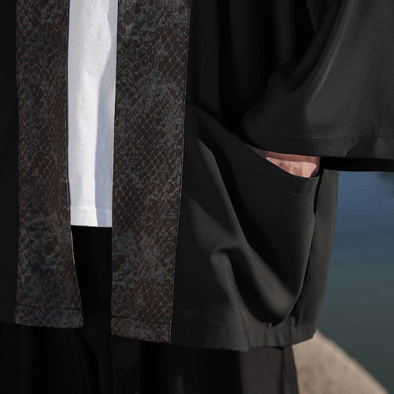 Buddha Stones Letnie, swobodne, męskie kimono z kołnierzykiem Zen i rękawami do łokci - image 8
