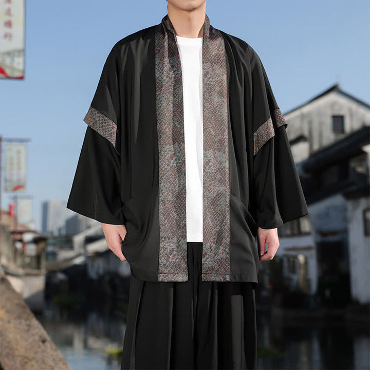 Buddha Stones Letnie, swobodne, męskie kimono z kołnierzykiem Zen i rękawami do łokci - image 5