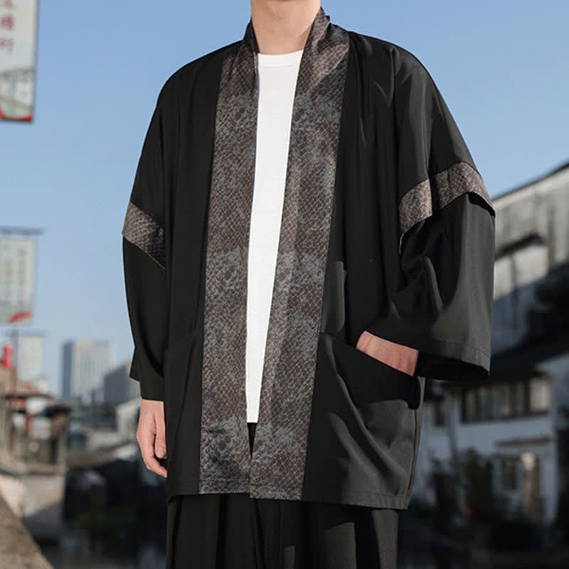 Buddha Stones Letnie, swobodne, męskie kimono z kołnierzykiem Zen i rękawami do łokci - image 7