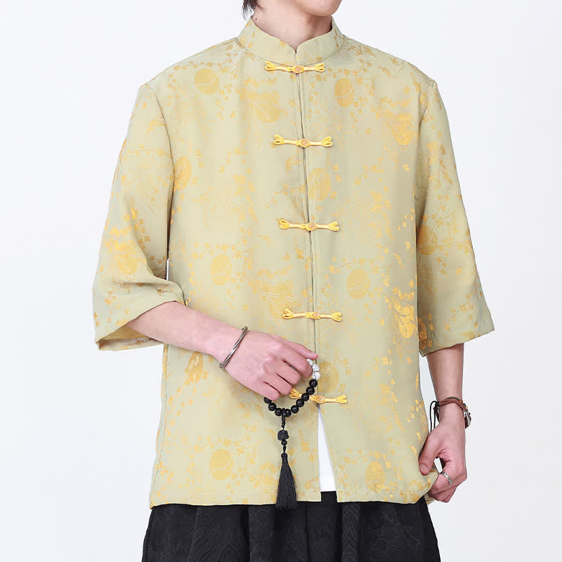 Buddha Stones Letnia, elegancka koszula męska w stylu vintage z kołnierzykiem stójkowym i złotym wzorem chmurek, z rękawami do łokcia - Khaki - US/UK/AU46， EU56 (5XL) - image 0