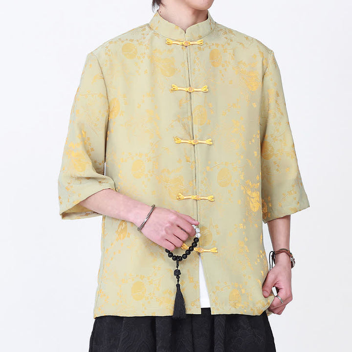 Buddha Stones Letnia, elegancka koszula męska w stylu vintage z kołnierzykiem stójkowym i złotym wzorem chmurek, z rękawami do łokcia - Khaki - US/UK/AU46， EU56 (5XL) - image 0