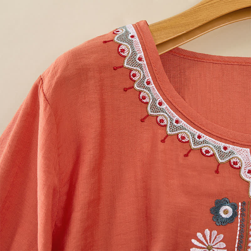 Buddha Stones Wiosenne koszulki damskie w stylu boho z haftowaną bawełną i lnem, z rękawami do łokcia - image 3