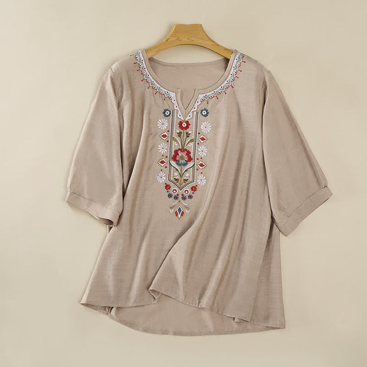 Buddha Stones Wiosenne koszulki damskie w stylu boho z haftowaną bawełną i lnem, z rękawami do łokcia - Ciemny Khaki - US16, UK/AU20, EU48 (3XL) - image 18
