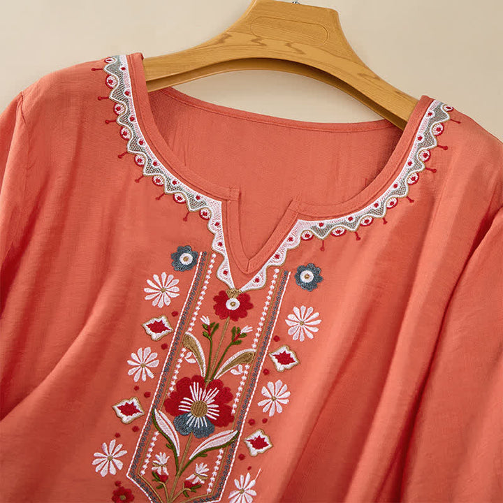 Buddha Stones Wiosenne koszulki damskie w stylu boho z haftowaną bawełną i lnem, z rękawami do łokcia - image 2