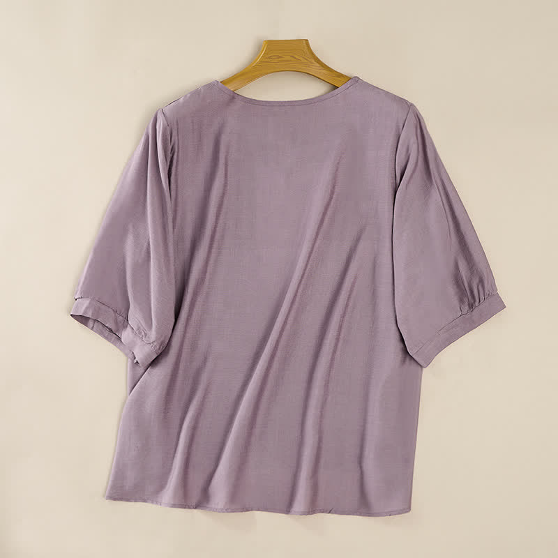 Buddha Stones Wiosenne koszulki damskie w stylu boho z haftowaną bawełną i lnem, z rękawami do łokcia - image 8