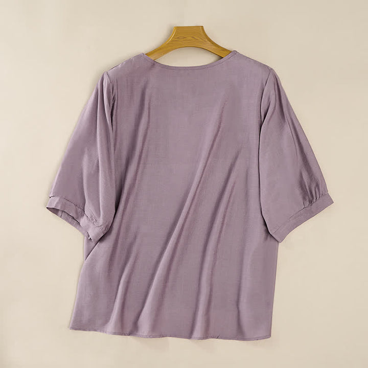 Buddha Stones Wiosenne koszulki damskie w stylu boho z haftowaną bawełną i lnem, z rękawami do łokcia - image 8