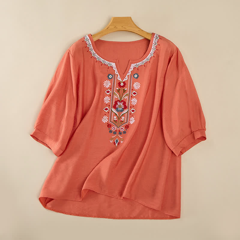 Buddha Stones Wiosenne koszulki damskie w stylu boho z haftowaną bawełną i lnem, z rękawami do łokcia - Pomarańczowy - US16, UK/AU20, EU48 (3XL) - image 0