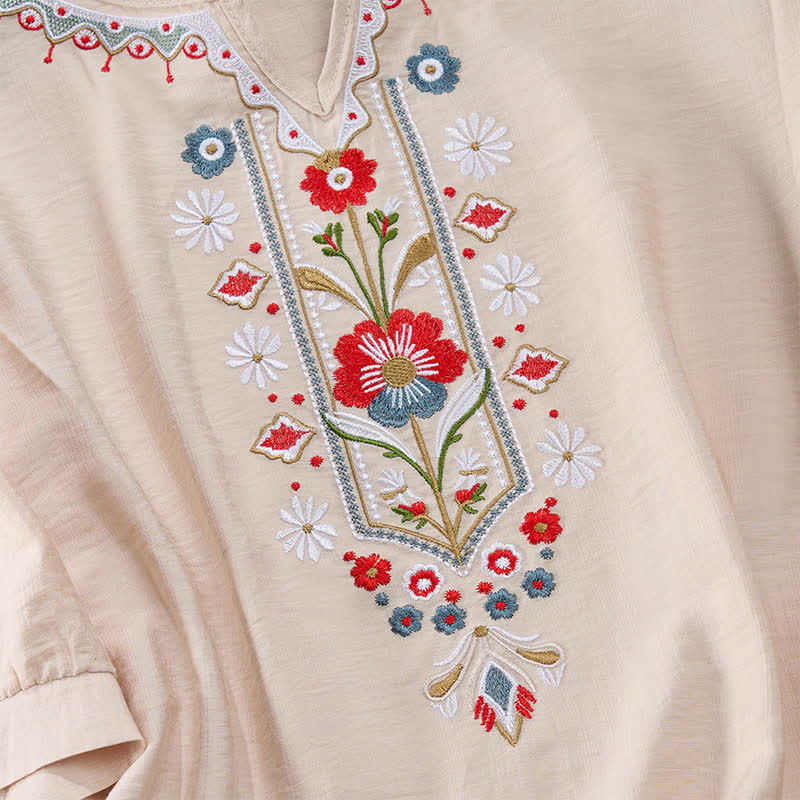 Buddha Stones Wiosenne koszulki damskie w stylu boho z haftowaną bawełną i lnem, z rękawami do łokcia - image 16