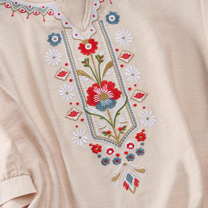 Buddha Stones Wiosenne koszulki damskie w stylu boho z haftowaną bawełną i lnem, z rękawami do łokcia - image 16