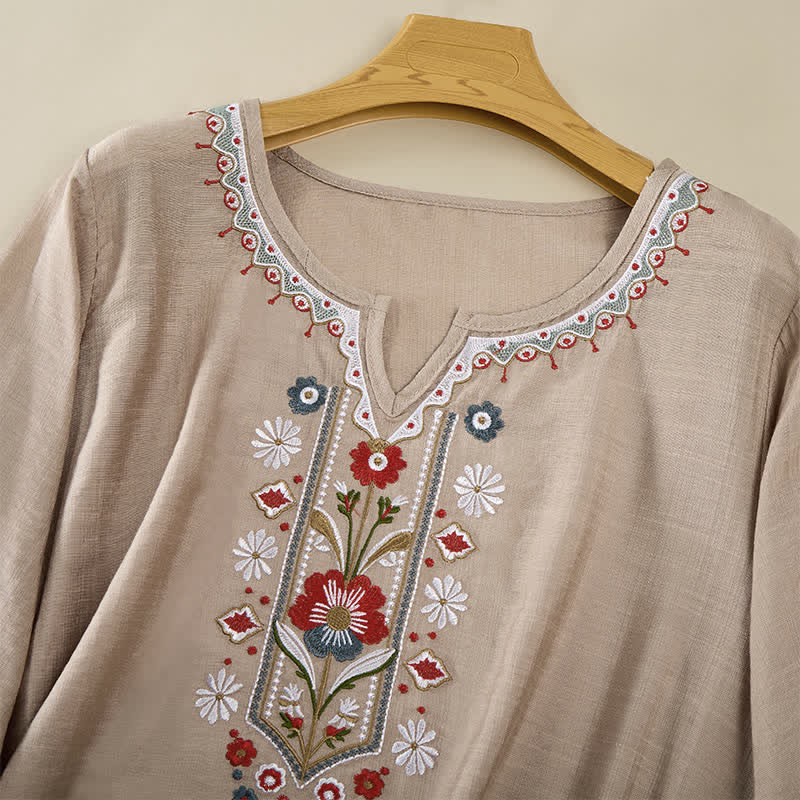 Buddha Stones Wiosenne koszulki damskie w stylu boho z haftowaną bawełną i lnem, z rękawami do łokcia - image 20