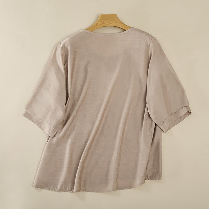 Buddha Stones Wiosenne koszulki damskie w stylu boho z haftowaną bawełną i lnem, z rękawami do łokcia - image 19