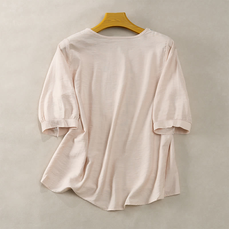 Buddha Stones Wiosenne koszulki damskie w stylu boho z haftowaną bawełną i lnem, z rękawami do łokcia - image 14