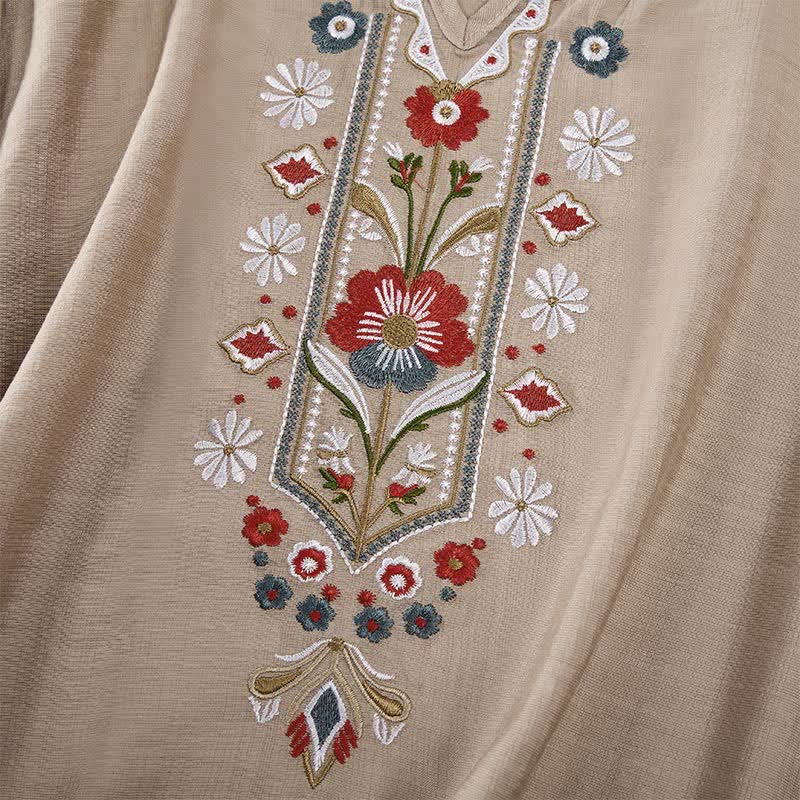 Buddha Stones Wiosenne koszulki damskie w stylu boho z haftowaną bawełną i lnem, z rękawami do łokcia - image 22