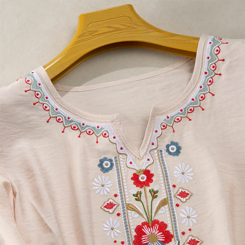 Buddha Stones Wiosenne koszulki damskie w stylu boho z haftowaną bawełną i lnem, z rękawami do łokcia - image 15