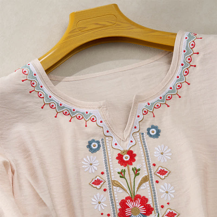 Buddha Stones Wiosenne koszulki damskie w stylu boho z haftowaną bawełną i lnem, z rękawami do łokcia - image 15