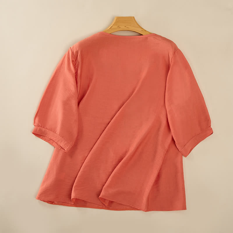 Buddha Stones Wiosenne koszulki damskie w stylu boho z haftowaną bawełną i lnem, z rękawami do łokcia - image 1