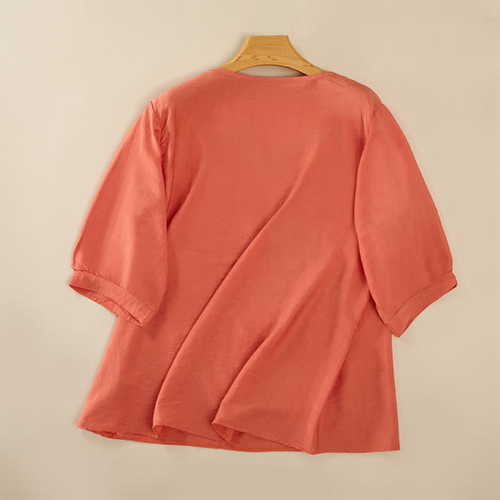 Buddha Stones Wiosenne koszulki damskie w stylu boho z haftowaną bawełną i lnem, z rękawami do łokcia - image 1