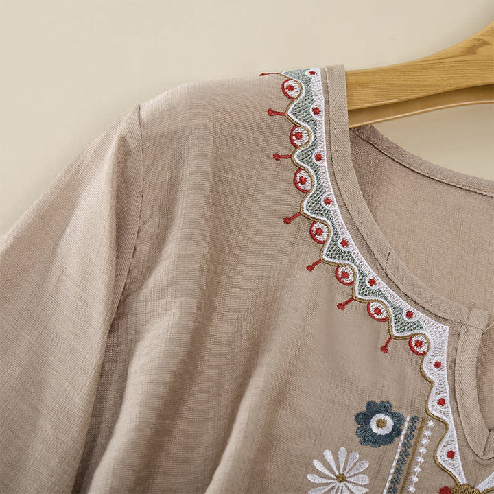 Buddha Stones Wiosenne koszulki damskie w stylu boho z haftowaną bawełną i lnem, z rękawami do łokcia - image 21