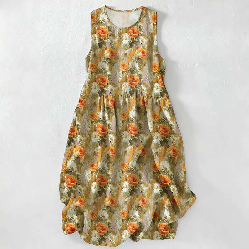 Buddha Stones Casual Plain Handmade Plaid Midi Dress Bawełniana sukienka bez rękawów z kieszeniami - Żółtozielony - US16, UK/AU20, EU48 (3XL) - image 18