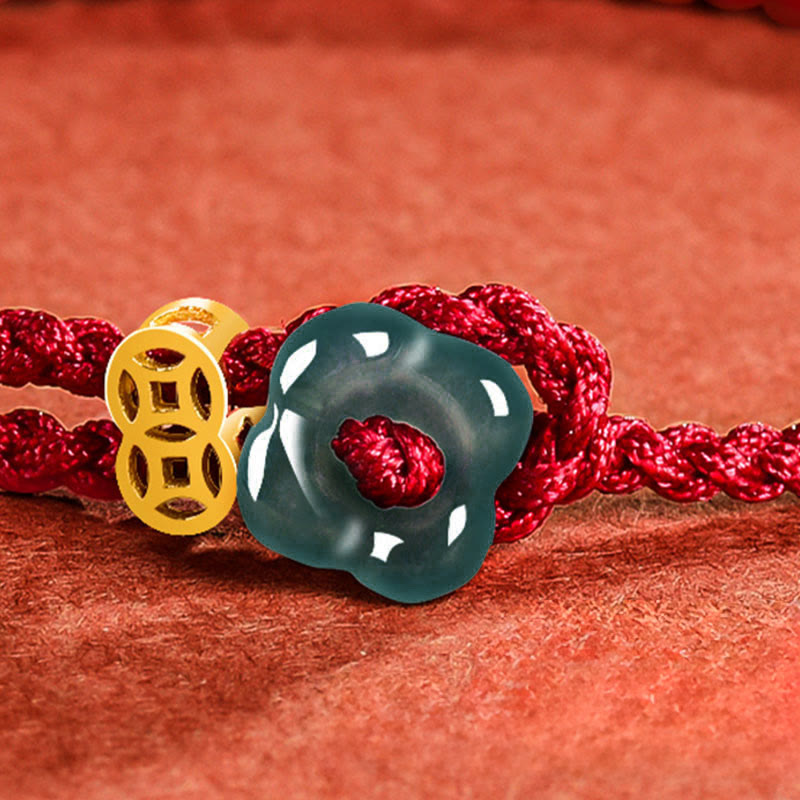 Buddha Stones Bransoletka z czerwonego sznurka z miedzianymi monetami i kwiatem jadeitu - image 11