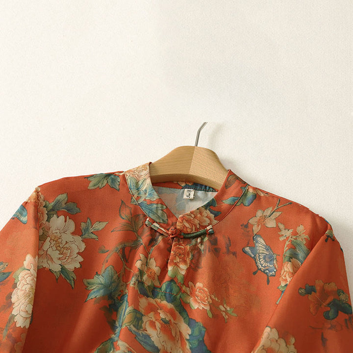 Buddha Stones Sukienka mini z krótkim rękawem i stójką, zapinana na guziki w kształcie żaby, z kwiatowym wzorem - image 10