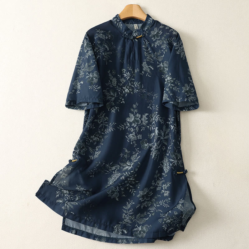 Buddha Stones Sukienka mini z krótkim rękawem i stójką, zapinana na guziki w kształcie żaby, z kwiatowym wzorem - MidnightBlue - US12, UK/AU16, EU44 (2XL) - image 0