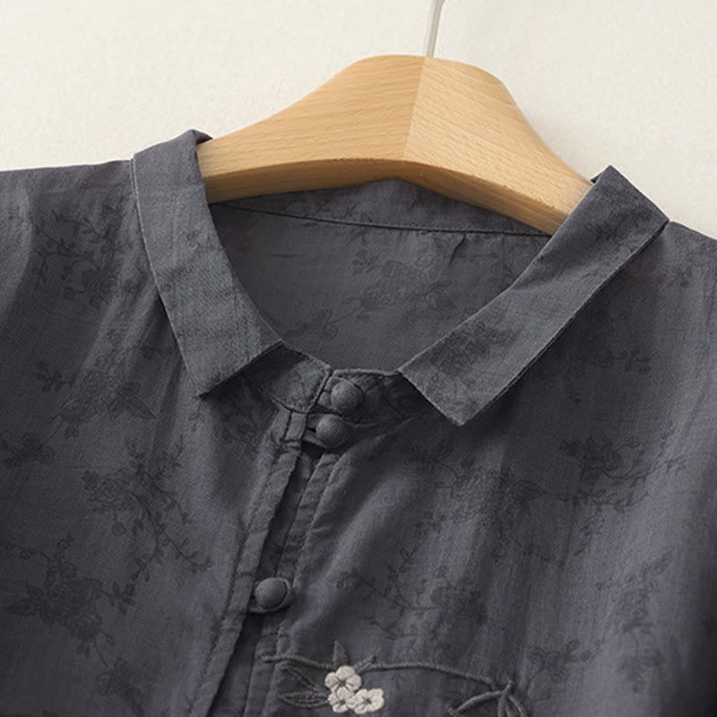 Buddha Stones Koszula damska letnia z kołnierzykiem typu stójka, haftem i guzikami, z rękawem trzy czwarte - image 1