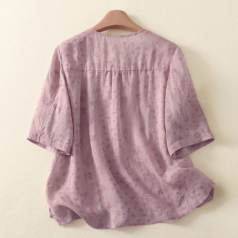 Buddha Stones Koszula damska z nadrukiem w kwiaty, swobodnym krojem, rękawami trzy czwarte, zapinana na guziki - image 1