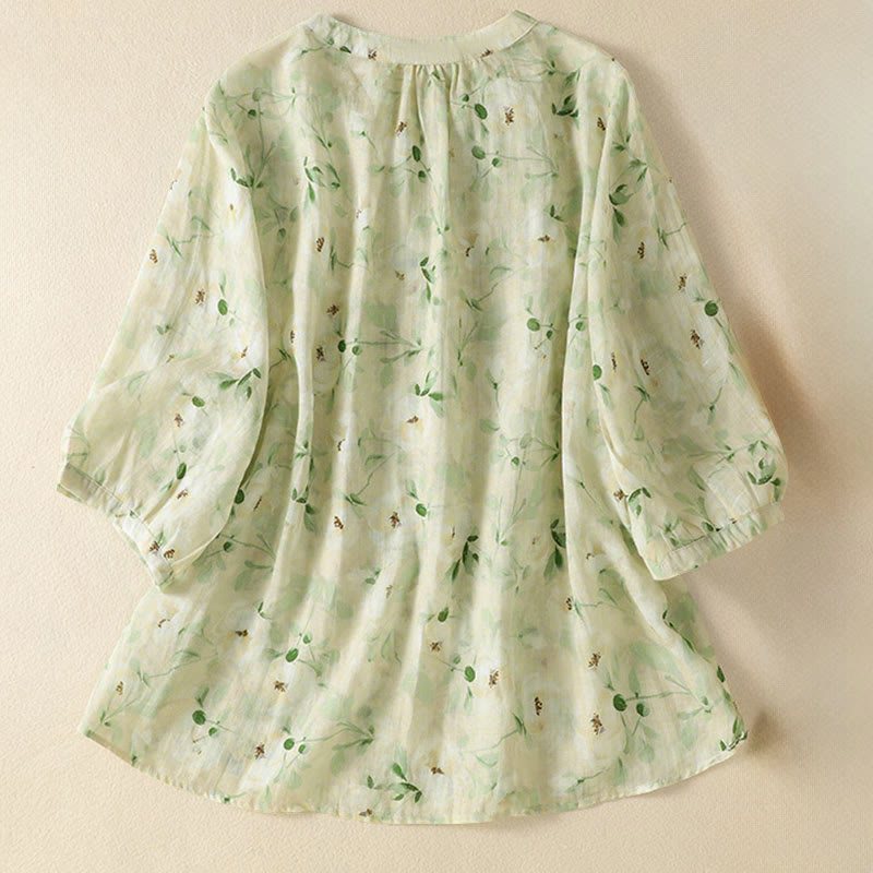 Buddha Stones Bluzka damska z okrągłym dekoltem i kwiatowym wzorem, zapinana na guziki żabki, z krótkim rękawem - image 1