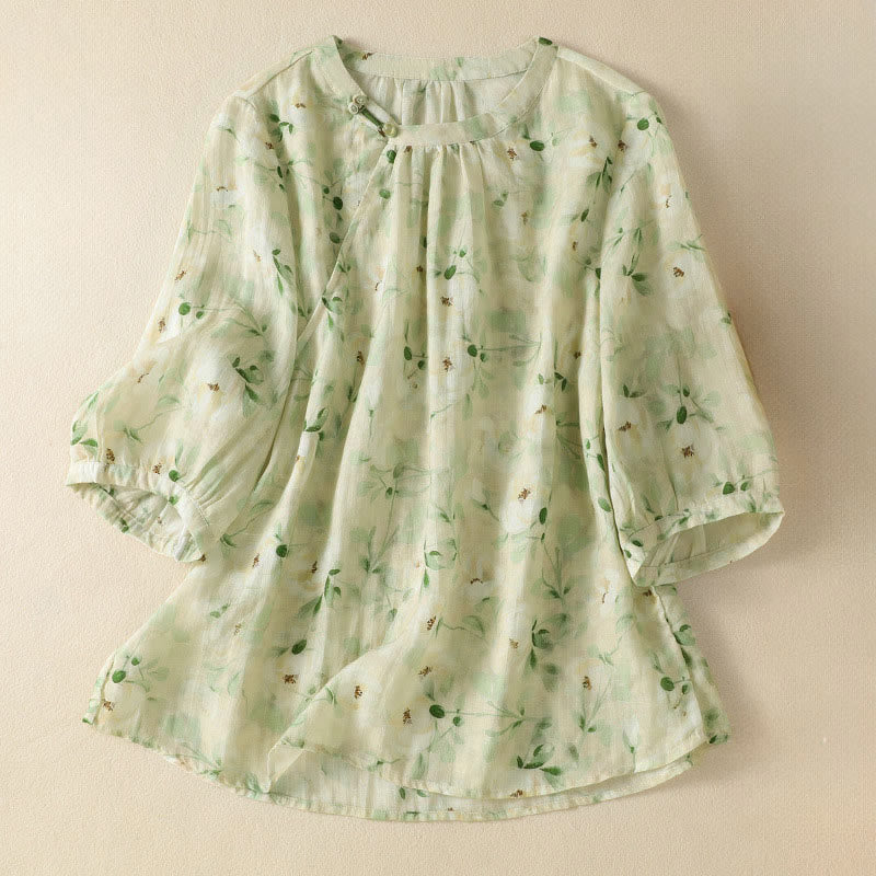 Buddha Stones Bluzka damska z okrągłym dekoltem i kwiatowym wzorem, zapinana na guziki żabki, z krótkim rękawem - Beżowy - US8-10，UK/AU12-14，EU40-42 (2XL) - image 0