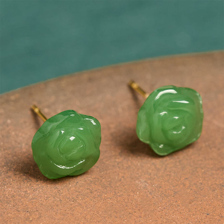 Buddha Stones Kolczyki ze srebra próby 925 z zielonym chalcedonem i różą, siła i odwaga - image 5