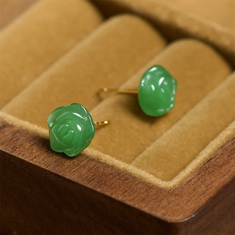 Buddha Stones Kolczyki ze srebra próby 925 z zielonym chalcedonem i różą, siła i odwaga - image 1