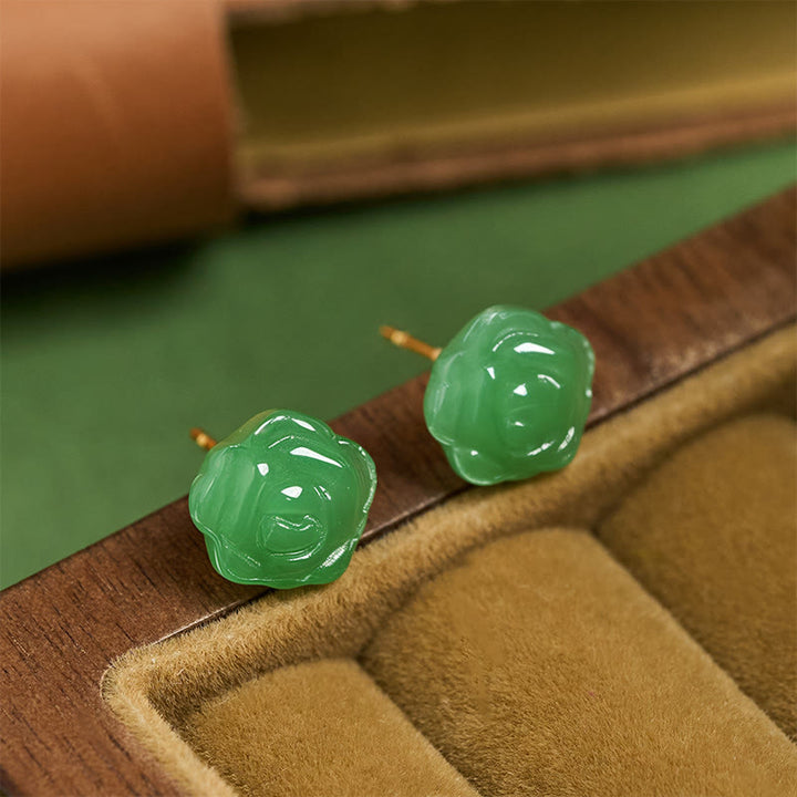 Buddha Stones Kolczyki ze srebra próby 925 z zielonym chalcedonem i różą, siła i odwaga - Zielony chalcedon (słupki ze srebra próby 925) - image 0