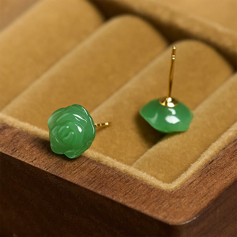 Buddha Stones Kolczyki ze srebra próby 925 z zielonym chalcedonem i różą, siła i odwaga - image 3