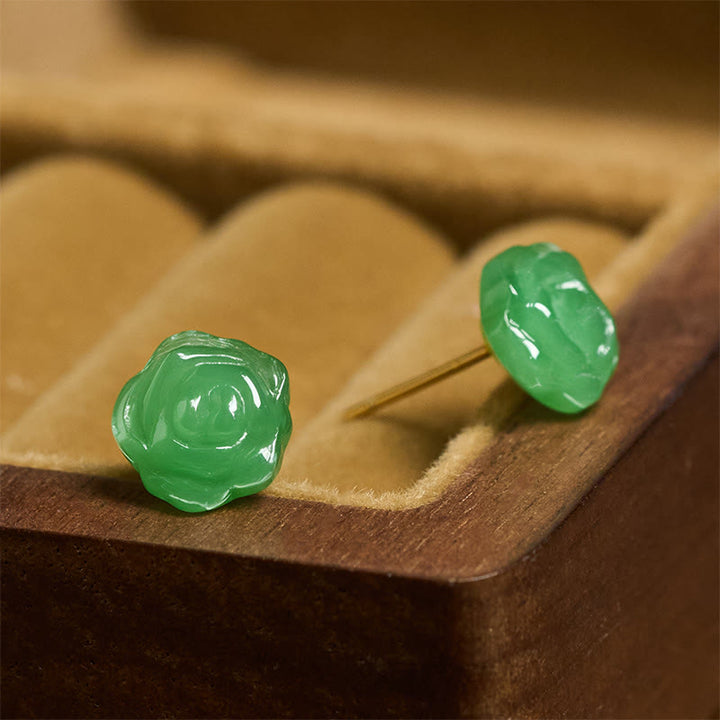 Buddha Stones Kolczyki ze srebra próby 925 z zielonym chalcedonem i różą, siła i odwaga - image 2