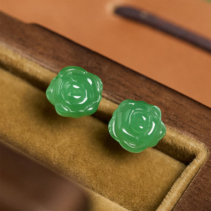 Buddha Stones Kolczyki ze srebra próby 925 z zielonym chalcedonem i różą, siła i odwaga - image 4