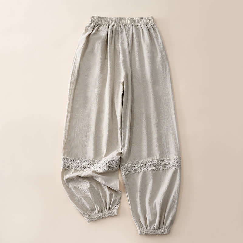 Buddha Stones Letnie, retro, koronkowe, patchworkowe spodnie capri damskie z wysokim stanem i kieszeniami - image 1