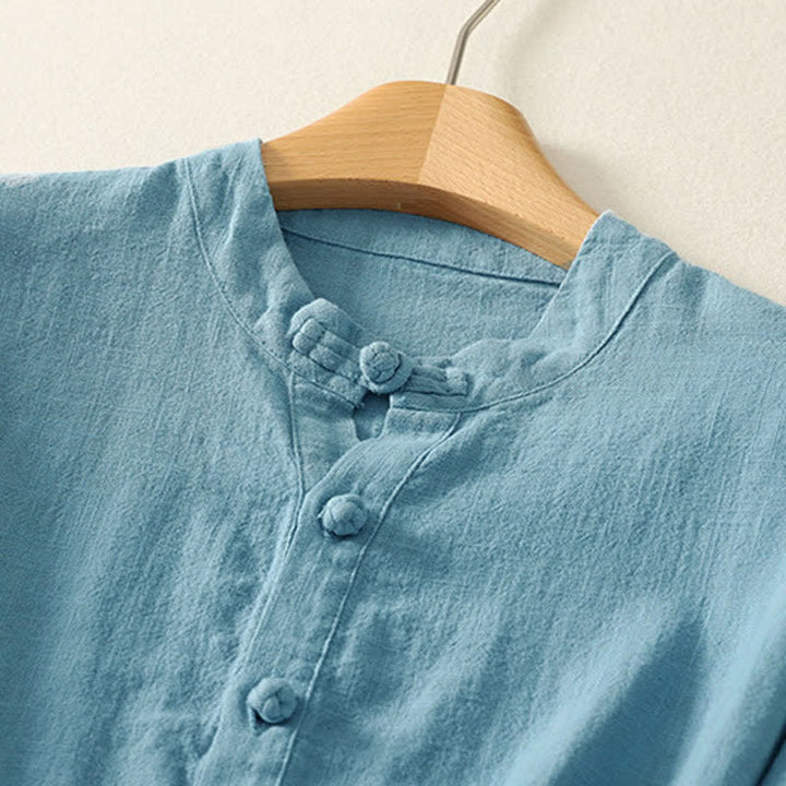 Buddha Stones Letnia damska koszula z krótkim rękawem i stójką z guzikami z bawełny - image 1