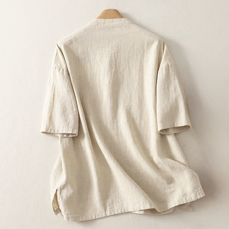 Buddha Stones Letnia damska koszula z krótkim rękawem i stójką z guzikami z bawełny - image 6