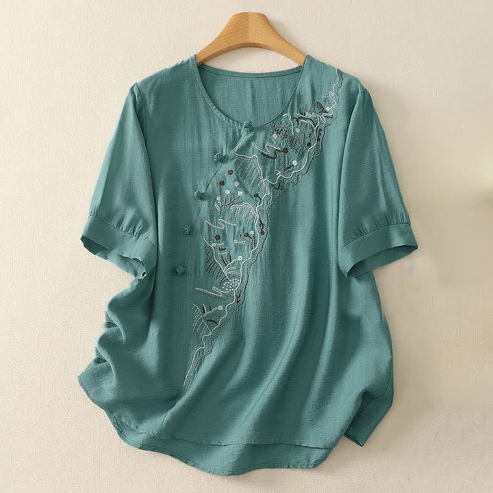 Buddha Stones Koszula damska z krótkim rękawem i okrągłym dekoltem z haftem „Letnia Góra” - LightSeaGreen - US12, UK/AU16, EU44 (3XL) - image 0