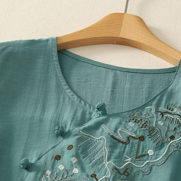Buddha Stones Koszula damska z krótkim rękawem i okrągłym dekoltem z haftem „Letnia Góra” - image 2
